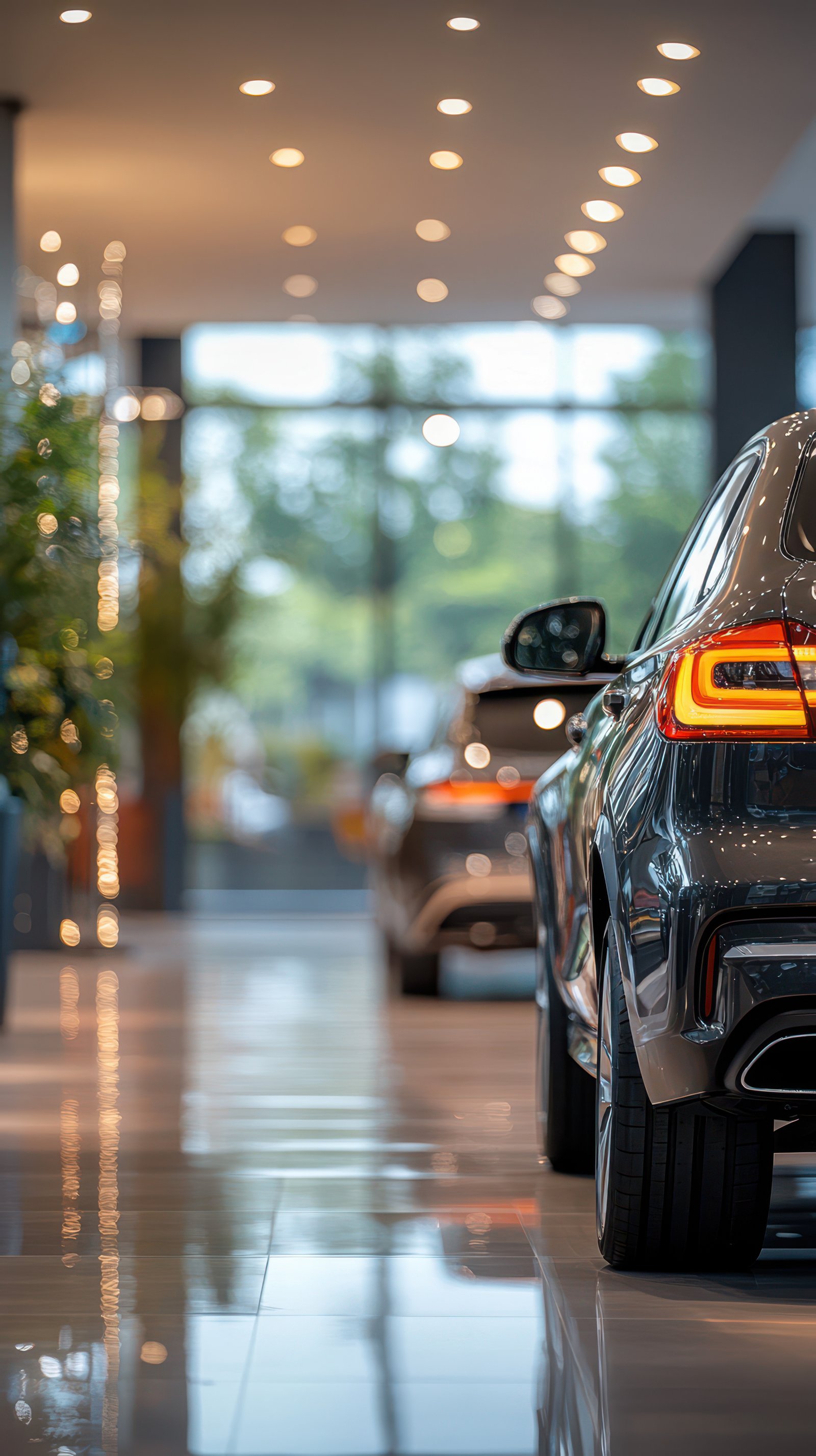 Modern car showroom showcasing sleek vehicles and elegant interior design during daytime